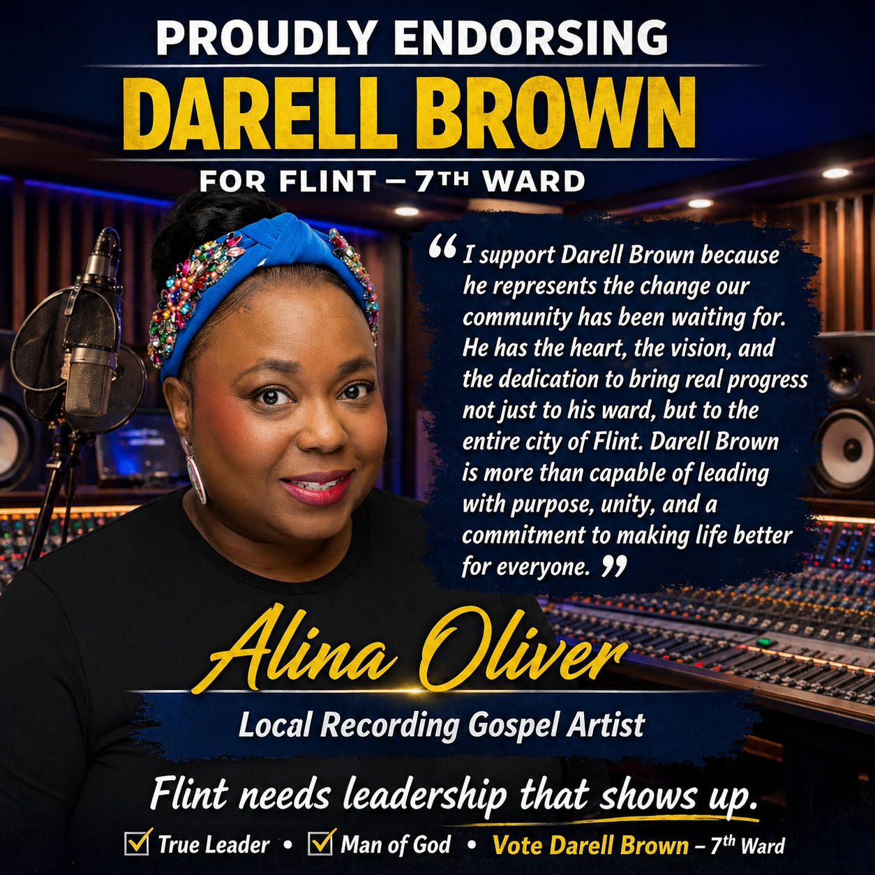 Alina Oliver, Local Recording Gospel Artist, proudly endorsing Darell Brown for 7th Ward