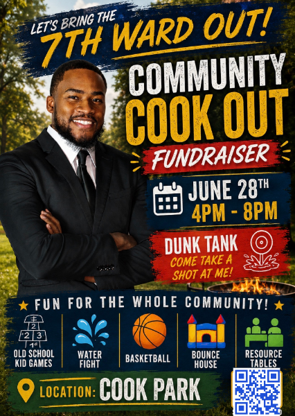 Community Cookout Fundraiser flyer. Sunday June 28, 4 PM to 8 PM at Cook Park in Flint. Dunk tank, games, and fun for the whole family.