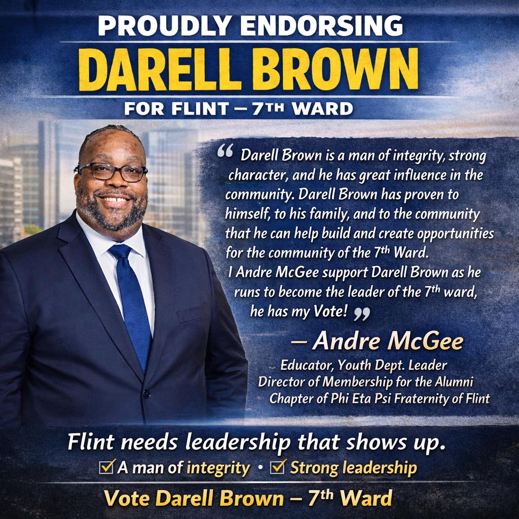 Andre McGee, educator and youth department leader, proudly endorsing Darell Brown for 7th Ward
