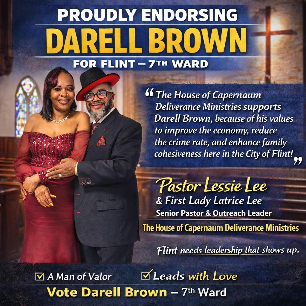 Pastor Lessie Lee and First Lady Latrice Lee of the House of Capernaum Deliverance Ministries proudly endorsing Darell Brown for 7th Ward